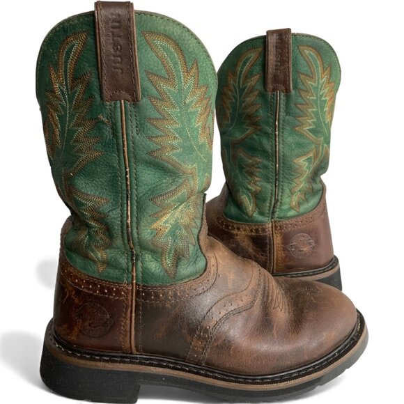Justin Leather Western Cowboy Green Brown Boots Men's 7.5 D - Picture 1 of 13